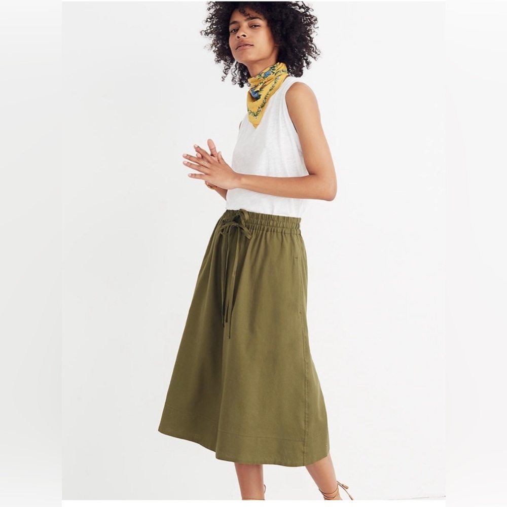 Madewell Drawstring circle olive green A-line midi elastic waistband skirt